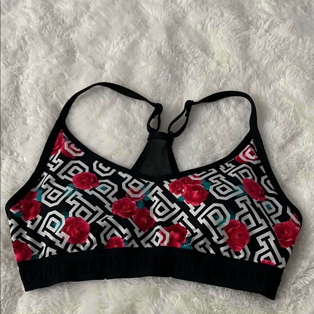 PINK Victoria’s Secret Black Floral Sports Bra Size L